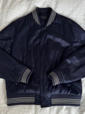 rag & bone Navy Satin Varsity Bomber Jacket with Striped Ribbing